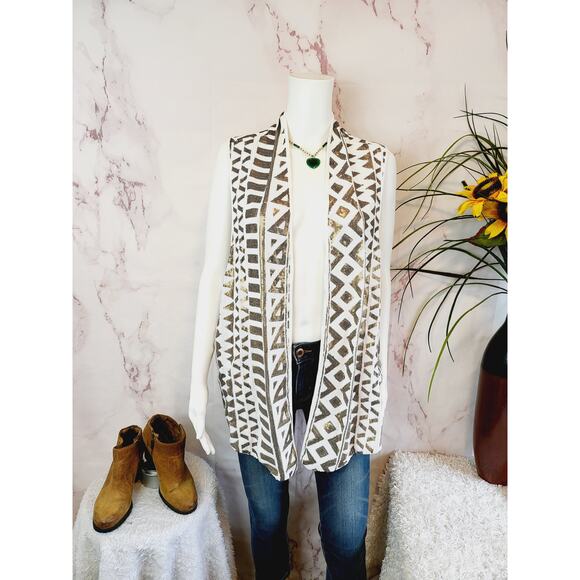 Tart Open Front Sequin Vest Geometric White Multi Graphic Sequin 3X - Picture 3 of 8